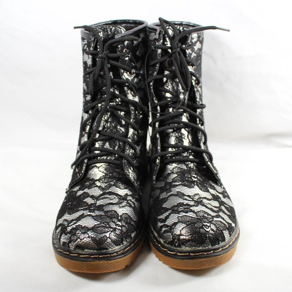 Rare Y2K Silver Metallic Foil Black Lace Combat Boots Size 10 - Picture 2 of 8